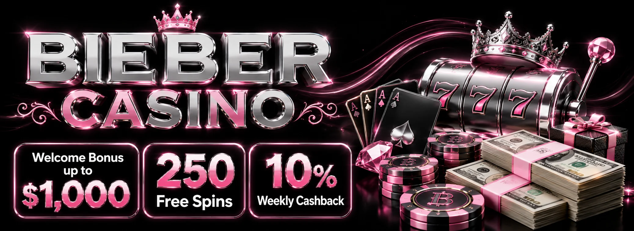 Bieber Casino welcome bonus banner — 100% up to $1,000 plus 250 free spins